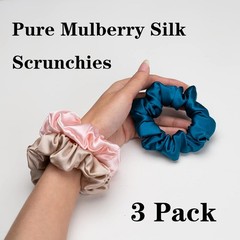 3 Pcs 100% Mulberry Silk Scrunchies, Hair Ties Pink Peacock Blue Apricot