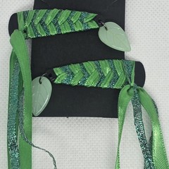 2 Ribbon Hair Barrettes Green w/ Green Leaf Charms Handmade 80s Style All Ages