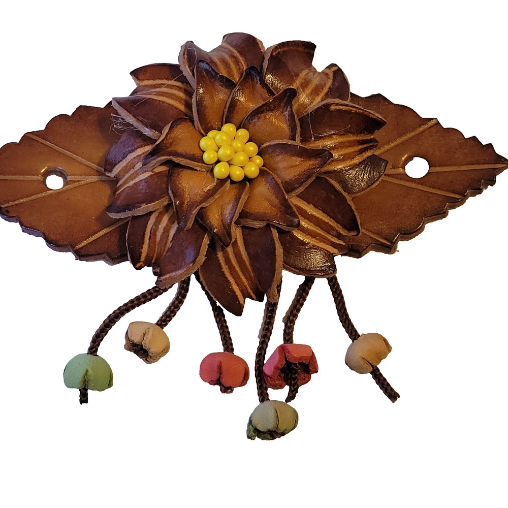 Leather Barrette Hair Clip & Wood Stick Ponytail Holder Flower Boho Pony