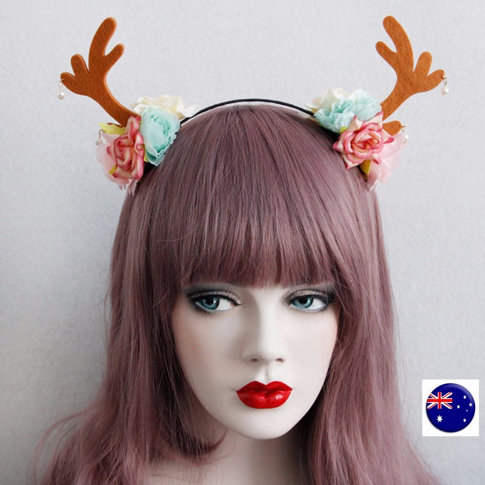 Women Girl Reindeer Deer Antlers Costume Brown Ear Rose Party Hair headband Prop