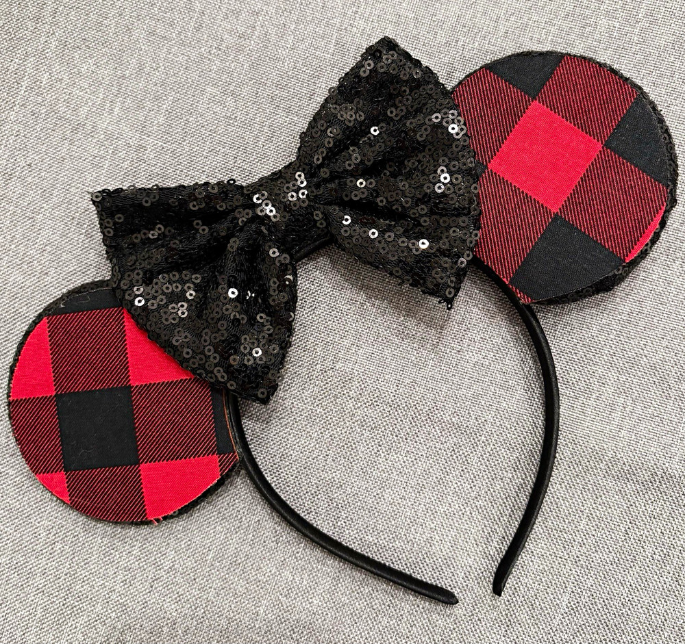 Minnie Mouse Ears Headband Red & Black Plaid Black Sequined Bow