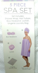 5 Pc. SPA SET-Hair Turban, Loofah, Shower Wrap, Bow Headband, Laundry Bag NEW!