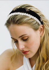 Black Velvet Headband with White Pearl Accents – Cute Vintage Designer Hair A…