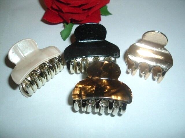 4 LUCITE GOLD BLACK BROWN PEARL WHITE HAIR CLAW CLIPS 1.5″ NWT