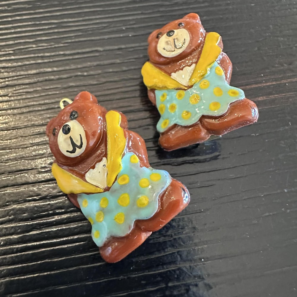 Vintage Teddy Bear Hair Barrettes Painted Resin Clips Retro Novelty Pair EUC