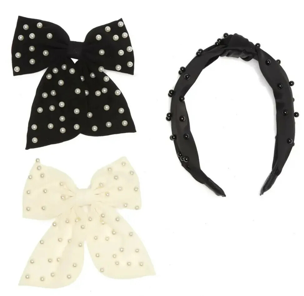 Noir Women’s 3-Piece Pearl Headband & Bow Barrette Accessories Black/Cream