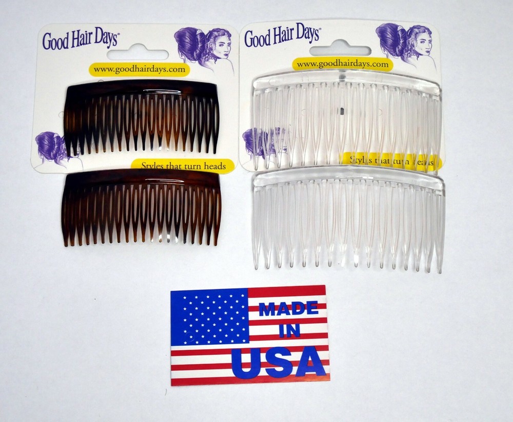 4 Combs x Good Hair Days 2 3/4″ & 3 1/4″ Clear Brown Side combs Made in USA