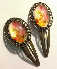 2 pcs – Antiqued Bronze Oval Bezel Hair Clips & Pink Roses Cabochons 25x18mm
