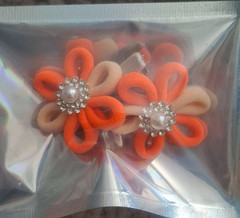 Pair Flower Hair Clips Orange & Beige w/ Faux Pearl & Rhinestone Accents