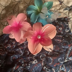 Flower Hair Clips Set of 3, Plastic Pink Blue Floral Women’s Beaded Accents
