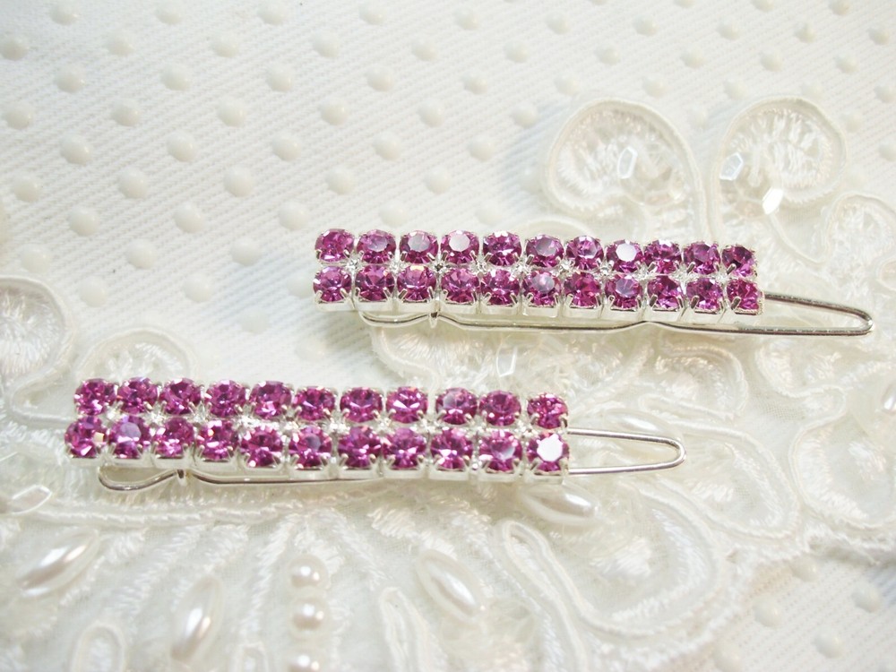 Double Row Pink Swarovski element crystals side clip style barrette pair NEW
