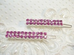 Double Row Pink Swarovski element crystals side clip style barrette pair NEW