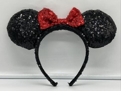 Authentic Disney Parks Minnie Mouse Ears Headband – Sequined Black with Red Bow