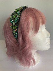 Women’s Elegant Bejeweled Floral Wide Headband Over Forest Green Satin Fabric