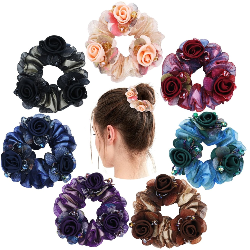 7 PCS Stretchy Mesh Rose Flower Hair Scrunchies Floral Ponytail Holders Band