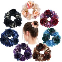 7 PCS Stretchy Mesh Rose Flower Hair Scrunchies Floral Ponytail Holders Band