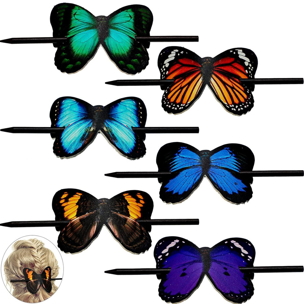 Jutom 6 Pcs Colorful Hair Barrettes with Butterfly Faux Leather Clips, Wood
