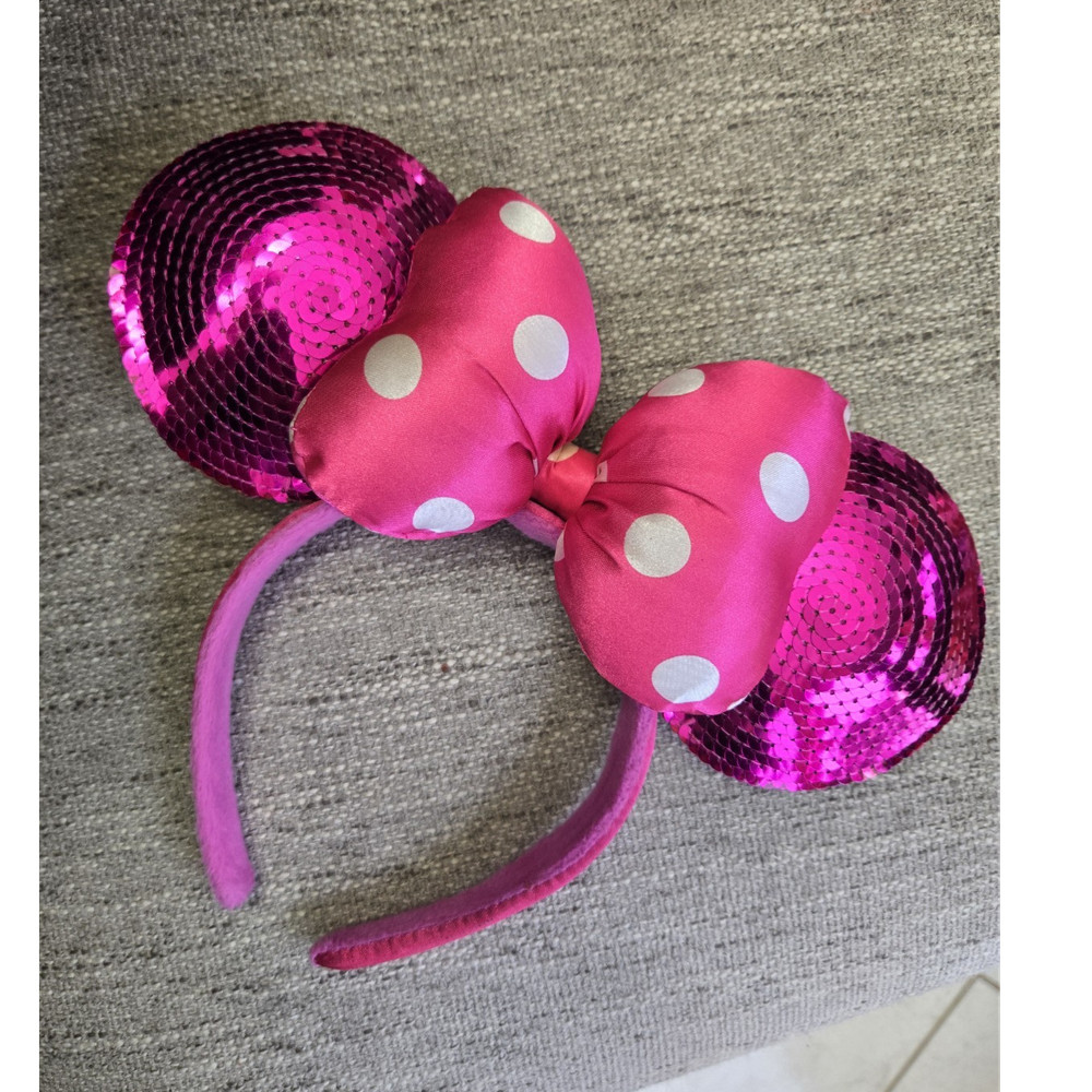 Minnie Mouse Pink Sequined Mouse Ears Headband w/ Pink White Polka Dot Bow
