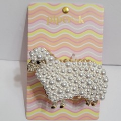 Piper K Sheep Lamb Hair Claw Clip Faux Pearl Rhinestone Gold Tone Farm Animal