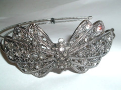 Jeweled White Rhinestone Beaded Silver Bow Floral Headband