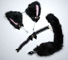 Black Pink White Cute Ear With Bell Bows Cat Ears BDSM Pet Play Set Cosplay