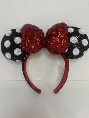 Disney Minnie Mouse Ears Headband Polka Dot Black/White Ears Red Sequin Bow