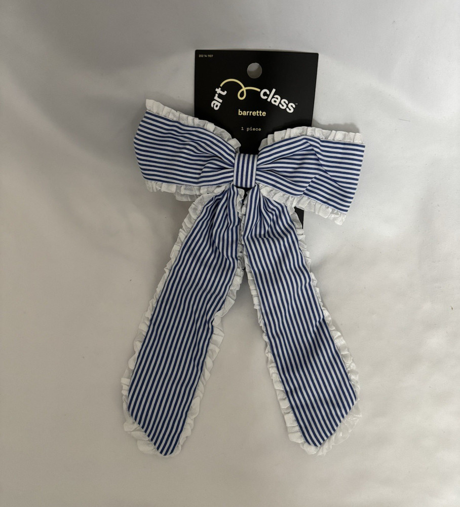 Art Class Women’s Blue & White Striped Fabric Bow Barrette with Ruffle Trim