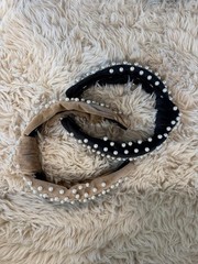 Lele Sadoughi Velvet Faux Pearl Knotted Headband Set Black & Tan