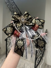 Baroque Black Gold Large Hair Bow with Lace, Gem, Floral & Beaded Accents