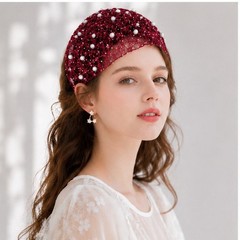 Women’s Red Lace Pearl Beaded Solid Elastic Headband Hair Accessory
