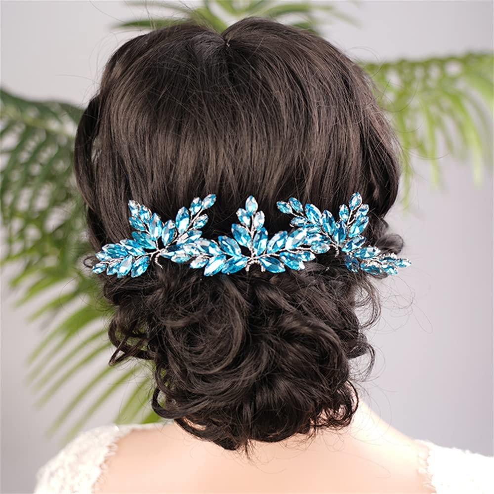 3 PCS Crystal Rhinestone Hair Pins Headband Set Bridal Teardrop Light Blue