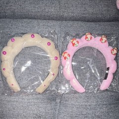 2 Pack Padded Fabric Headbands for Women, Pink & Beige Solid with Beads