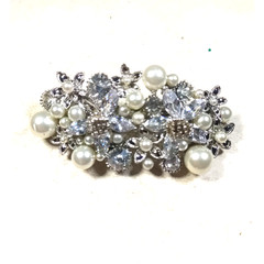 Hair Barrette Tension Clip Faux Pearls Rhinestone Silver Tone Elegant Church…