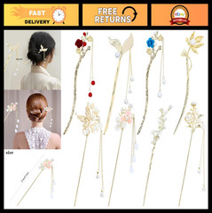 8 Retro Vintage Asian Hair Sticks with Pearl Pendants – Gold Metal Floral Pins f