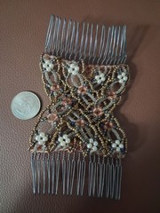 Beaded Faux Pearl Flower Metal Hair Comb Bronze, vintage
