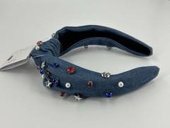 NEW ICING Claires Blue Denim Red White Blue Rhinestones Faux Pearls Headband