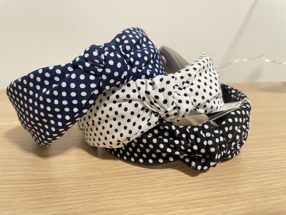Polka Dot Knotted Headband Set of 3 Navy Black White Retro Preppy Hair Bundle