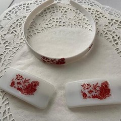 3pc Red-Blue Willow Barrettes 3in x 1.5in and Head band