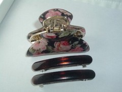 VINTAGE BLACK PINK FLORAL PLASTIC HAIR CLAW CLIP 2 FAUX TORTOISE SHELL BARRETTES