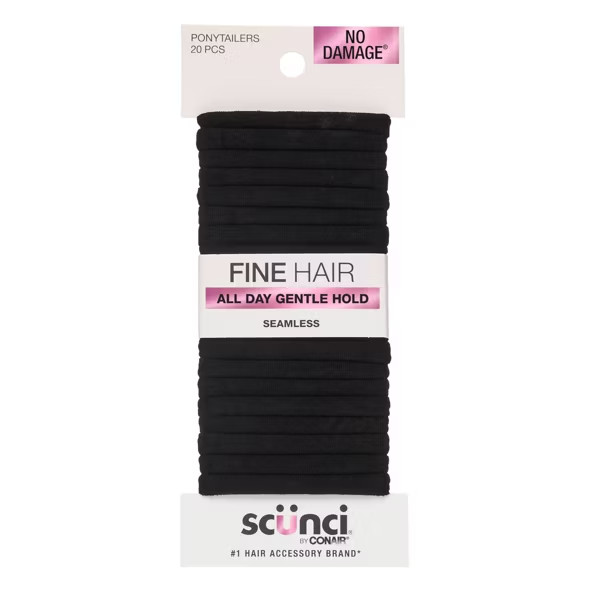 scünci No Damage Super Comfy Hair Ties, Black, 20pc, Fine Hair