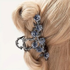 Large Metal Blue Floral Hair Claw Clips with Glitter Design – Spring Hair Access