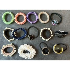 Fourteen Stretch Ponytail Holders Faux Pearls Rhinestones and More