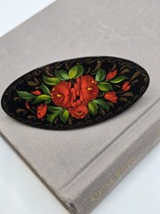 Vintage Russian Hand Painted Wood Hairclip Oval Shape Floral Painting 80s 90s