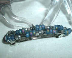 VINTAGE FROSTED METALLIC BLUE GLASS AND SILVER HAIR BARRETTE
