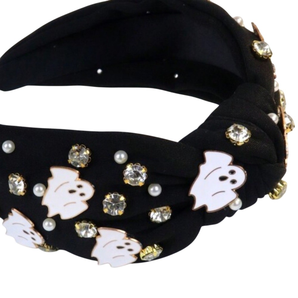 Halloween Ghost Rhinestone Pearl Black White Spooky Season Glam Headband