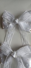 Set of 2 White Satin Bow Hair Clip Barrettes w/ Lace Tails & Pearl Beads