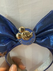 Disney Passholder Mickey Mouse Ears Headband Sequined Bow Fabric Blue Gold