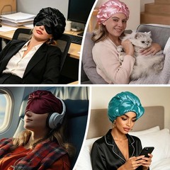 2-in-1 Satin Sleep Bonnet & Eye Mask, Adjustable Silk Hair Cap Large, Black