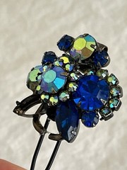 Vintage Jewelry Hair Pin Blue AB Rhinestones with Black Metal