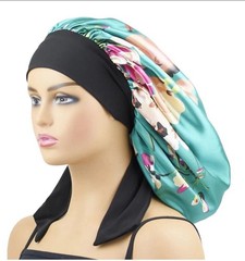 Women’s Floral Silky Satin Sleeping Bonnet with Tie Band for Edges – Teal